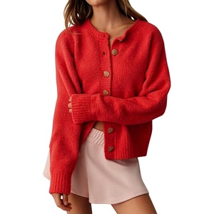 Springrain Women’s Fuzzy Cropped Knit Cardigan Button Sweaters(Red)