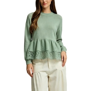 Springrain Women’s Lace Peplum Crewneck Knit Top Fall Sweaters(Green)