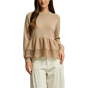 Springrain Women’s Lace Peplum Crewneck Knit Top Fall Sweaters(Khaki)