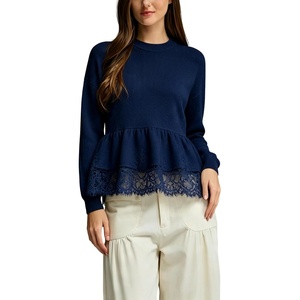 Springrain Women’s Lace Peplum Crewneck Knit Top Fall Sweaters(Navy)