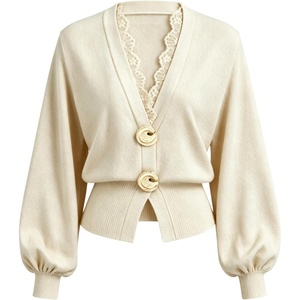 Springrain Women’s Lace Trim Knit Top V Neck Button Cardigan(Beige)