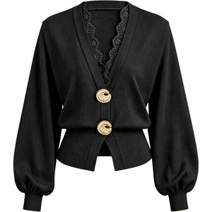 Springrain Women’s Lace Trim Knit Top V Neck Button Cardigan(Black)