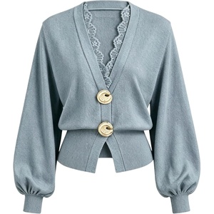 Springrain Women’s Lace Trim Knit Top V Neck Button Cardigan(Bluegrey)