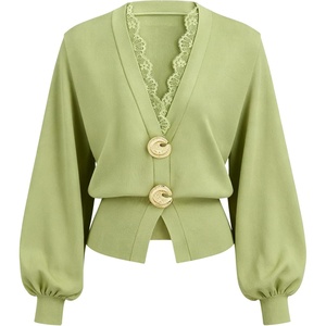 Springrain Women’s Lace Trim Knit Top V Neck Button Cardigan(Green)