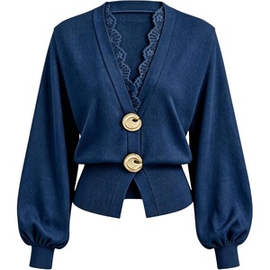 Springrain Women’s Lace Trim Knit Top V Neck Button Cardigan(Navy)