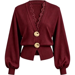 Springrain Women’s Lace Trim Knit Top V Neck Button Cardigan(Winered)