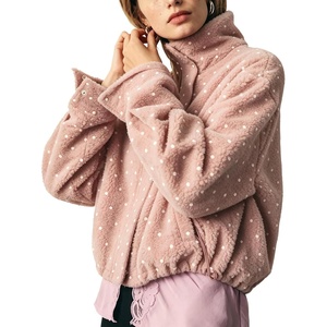 Springrain Women’s Polka Dot Fleece Crop Jacket Winter Coat(Pink)