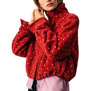 Springrain Women’s Polka Dot Fleece Crop Jacket Winter Coat(Red)