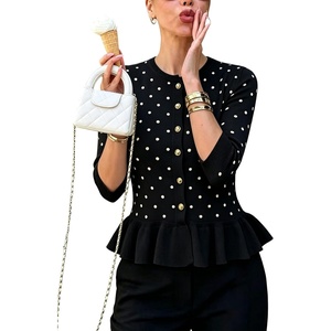 Springrain Womens Polka Dot Knit Cardigan 3/4 Sleeve Sweater(Black)