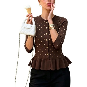 Springrain Womens Polka Dot Knit Cardigan 3/4 Sleeve Sweater(Coffee)