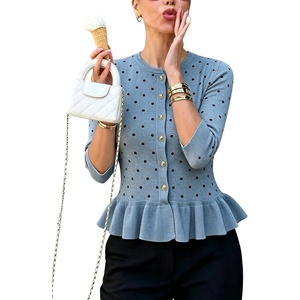 Springrain Womens Polka Dot Knit Cardigan 3/4 Sleeve Sweater(Dustyblue)