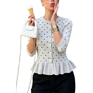 Springrain Womens Polka Dot Knit Cardigan 3/4 Sleeve Sweater(Grey)