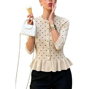 Springrain Womens Polka Dot Knit Cardigan 3/4 Sleeve Sweater(Khaki)