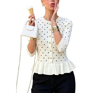 Springrain Womens Polka Dot Knit Cardigan 3/4 Sleeve Sweater(White)