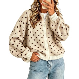 Springrain Womens Polka Dot Knit Cardigan Button Front Sweater(Apricot)