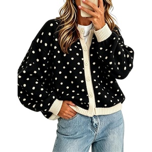 Springrain Womens Polka Dot Knit Cardigan Button Front Sweater(Black)
