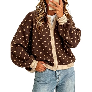 Springrain Womens Polka Dot Knit Cardigan Button Front Sweater(Brown)
