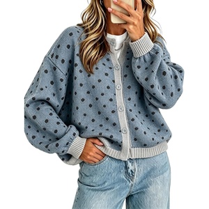 Springrain Womens Polka Dot Knit Cardigan Button Front Sweater(Dustyblue)