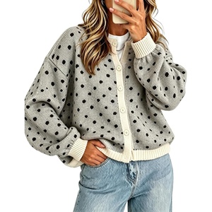 Springrain Womens Polka Dot Knit Cardigan Button Front Sweater(Grey)