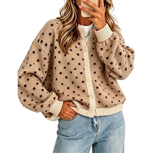 Springrain Womens Polka Dot Knit Cardigan Button Front Sweater(Khaki)