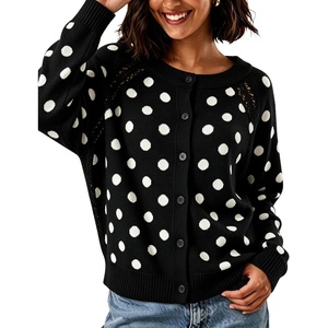Springrain Womens Polka Dot Knit Cardigan Long Sleeve Sweater(Black)