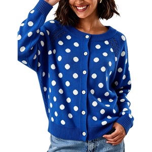 Springrain Womens Polka Dot Knit Cardigan Long Sleeve Sweater(Blue)