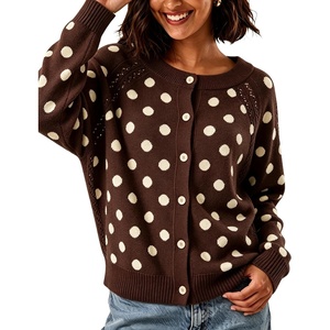 Springrain Womens Polka Dot Knit Cardigan Long Sleeve Sweater(Brown)