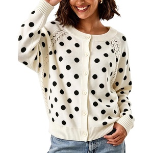 Springrain Womens Polka Dot Knit Cardigan Long Sleeve Sweater(White)