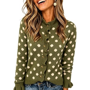 Springrain Women’s Polka Dot Ruffle Cardigan Sweater Knit Tops(Armygreen)
