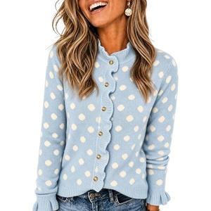 Springrain Women’s Polka Dot Ruffle Cardigan Sweater Knit Tops(Blue)