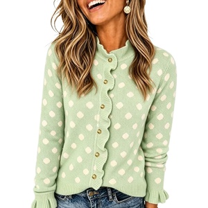 Springrain Women’s Polka Dot Ruffle Cardigan Sweater Knit Tops(Green)