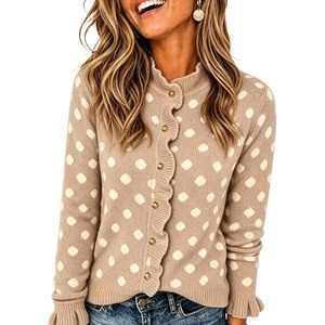 Springrain Women’s Polka Dot Ruffle Cardigan Sweater Knit Tops(Khaki)