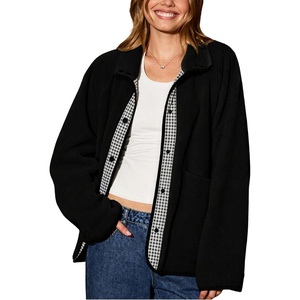 Springrain Women’s Sherpa Fleece Jacket Gingham Casual Coat(Black)
