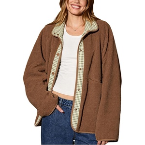 Springrain Women’s Sherpa Fleece Jacket Gingham Casual Coat(Brown)