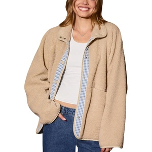 Springrain Women’s Sherpa Fleece Jacket Gingham Casual Coat(Khaki)
