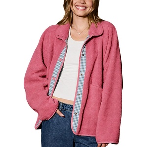 Springrain Women’s Sherpa Fleece Jacket Gingham Casual Coat(Pink)