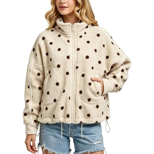 Springrain Women’s Sherpa Fleece Jacket Polka Dot Zip Up Coat(Beige)