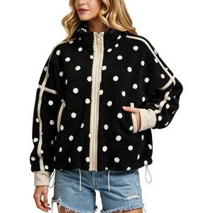 Springrain Women’s Sherpa Fleece Jacket Polka Dot Zip Up Coat(Black)