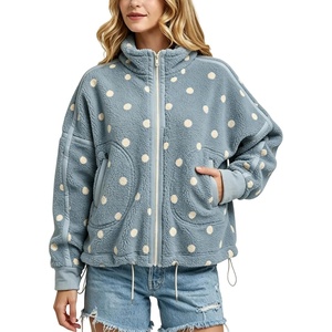 Springrain Women’s Sherpa Fleece Jacket Polka Dot Zip Up Coat(Bluegrey)