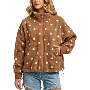 Springrain Women’s Sherpa Fleece Jacket Polka Dot Zip Up Coat(Brown)