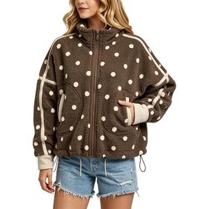Springrain Women’s Sherpa Fleece Jacket Polka Dot Zip Up Coat(Coffee)