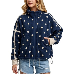 Springrain Women’s Sherpa Fleece Jacket Polka Dot Zip Up Coat(Navy)