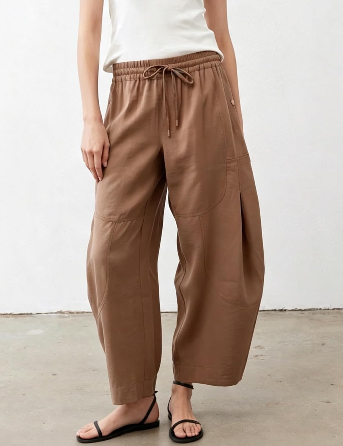 image:imageSpringrain Womens Barrel Cotton Linen Pants Drawstring WaistBrown