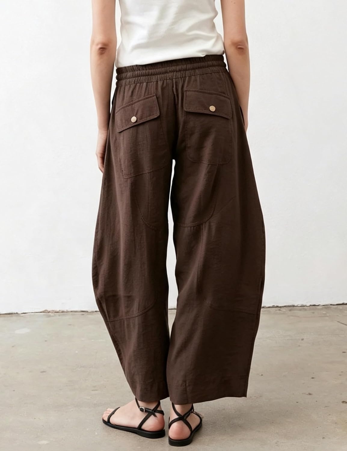 image:imageSpringrain Womens Barrel Cotton Linen Pants Drawstring WaistCoffee