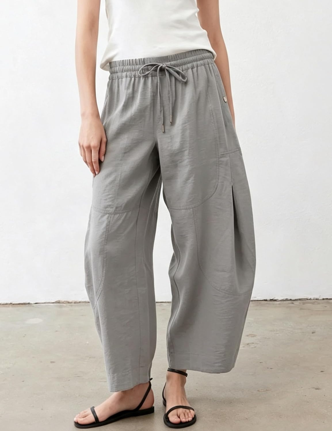 image:imageSpringrain Womens Barrel Cotton Linen Pants Drawstring WaistGrey