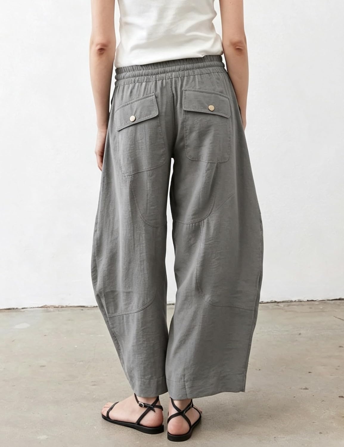 image:imageSpringrain Womens Barrel Cotton Linen Pants Drawstring WaistGrey
