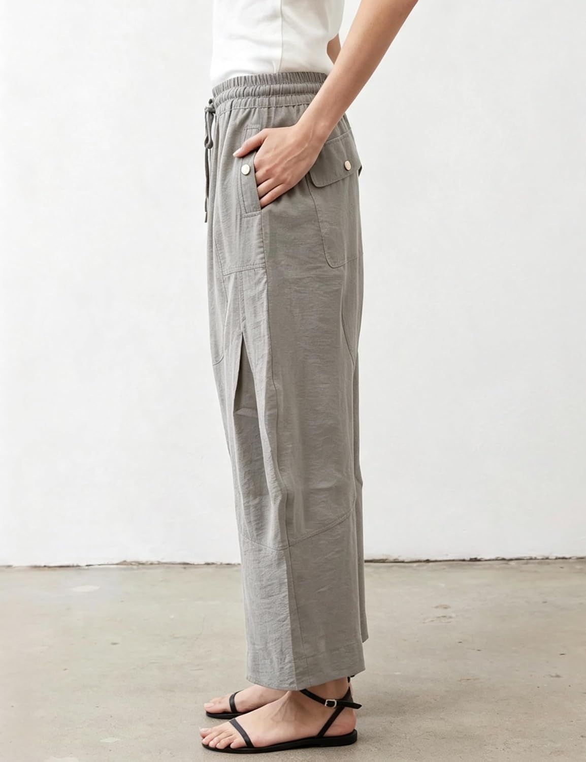 image:imageSpringrain Womens Barrel Cotton Linen Pants Drawstring WaistGrey