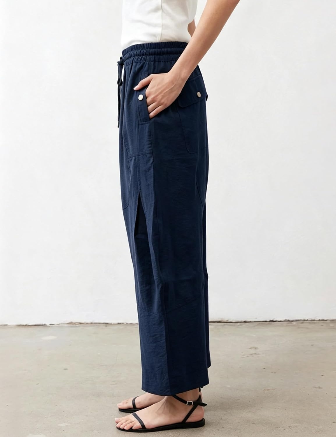image:imageSpringrain Womens Barrel Cotton Linen Pants Drawstring WaistNavy