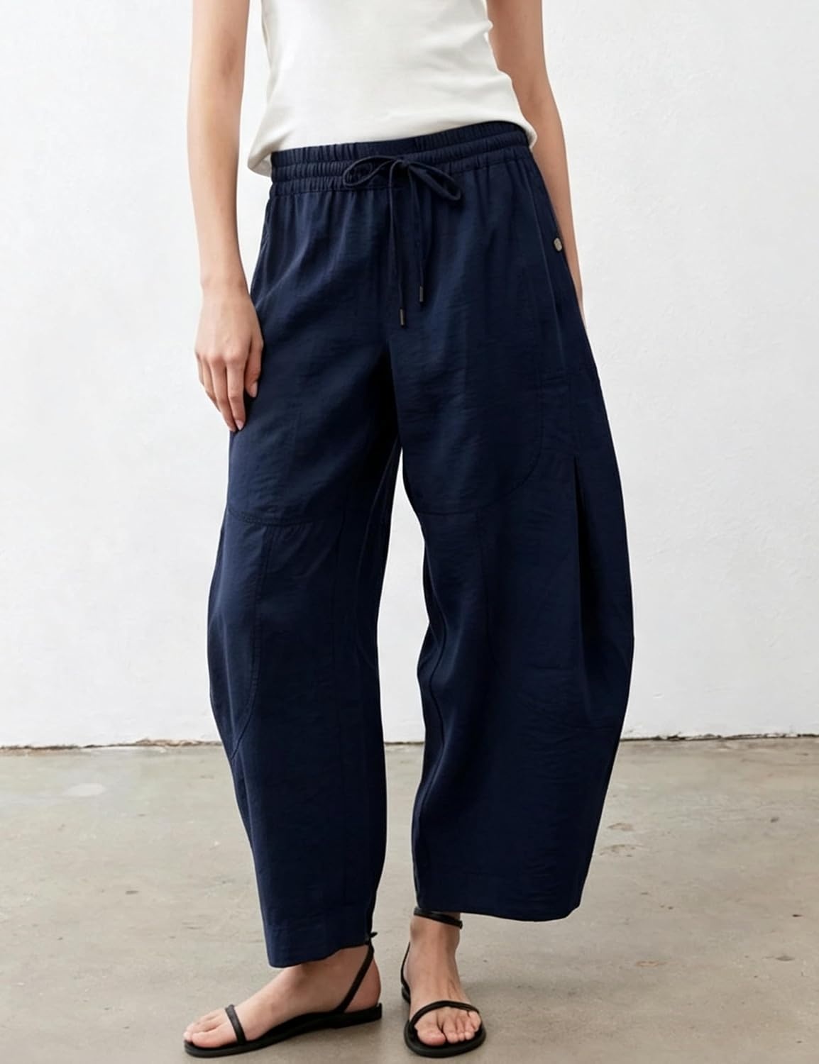 image:imageSpringrain Womens Barrel Cotton Linen Pants Drawstring WaistNavy