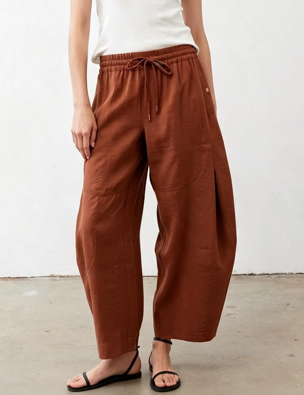 image:imageSpringrain Womens Barrel Cotton Linen Pants Drawstring WaistRust